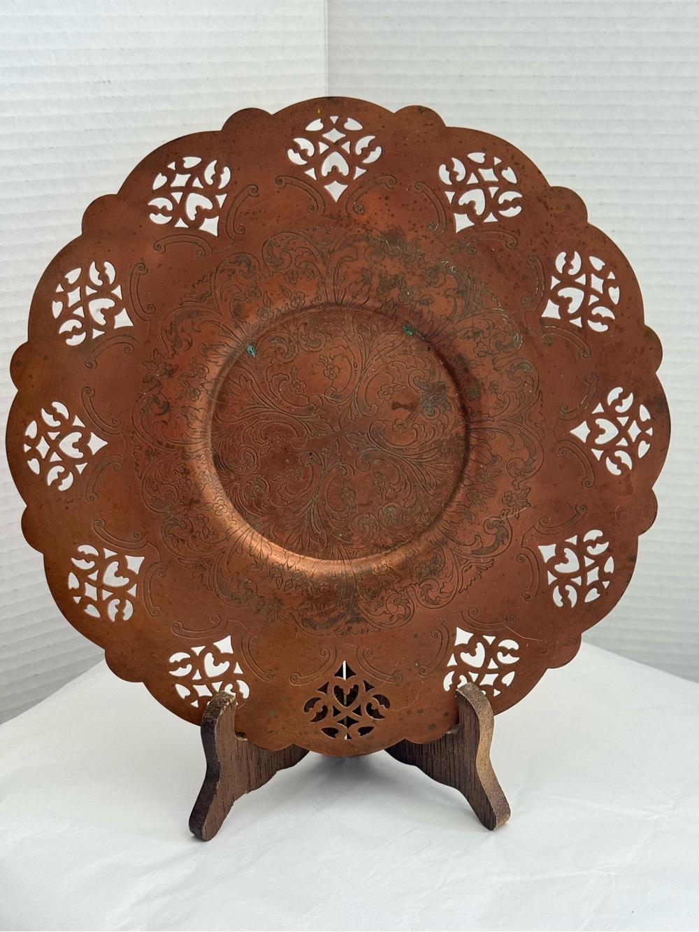 Vtg Kashmiri Hand Chased and Pierced Copper Wall Plaque Engraved Openwork Patina
